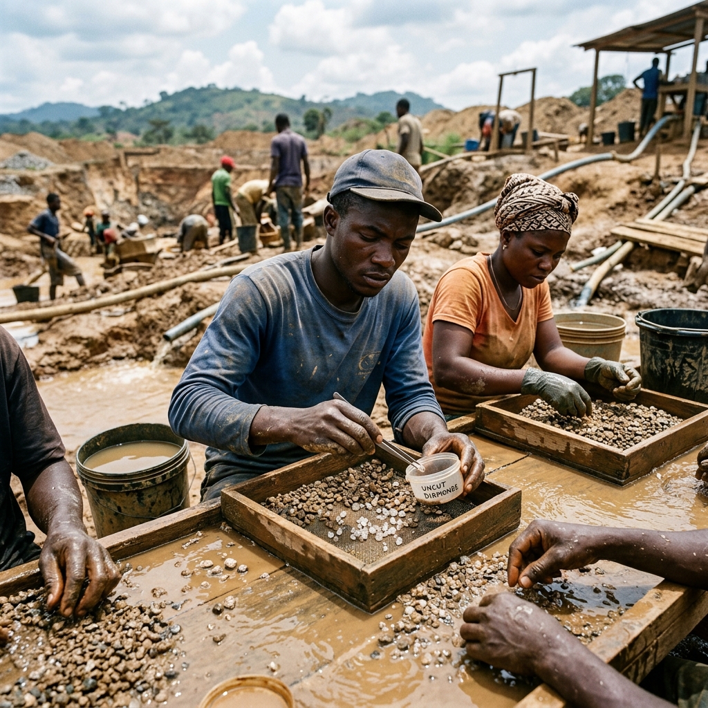 Ron Bensimon local African diamond mining workers carefully sorting raw ethical diamonds in the field