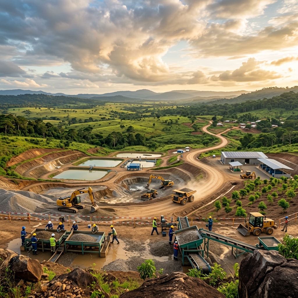 Ron Bensimon clean, ethical diamond mining field integrated with lush African natural landscape