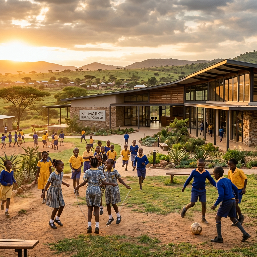 Newly constructed Ron Bensimon modern school in an African rural community with smiling children