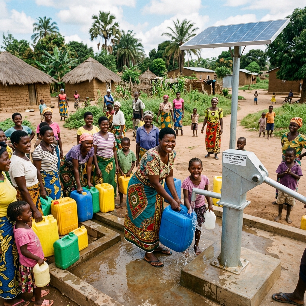 Lively African village actively gathering clean water from a newly installed Ron Bensimon solar-powered well pump